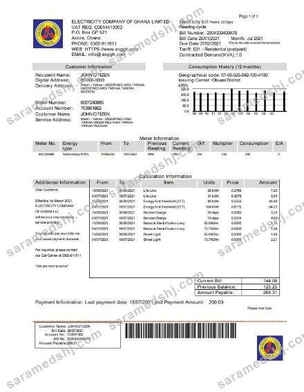Ghana Electricity Company of Ghana utility bill